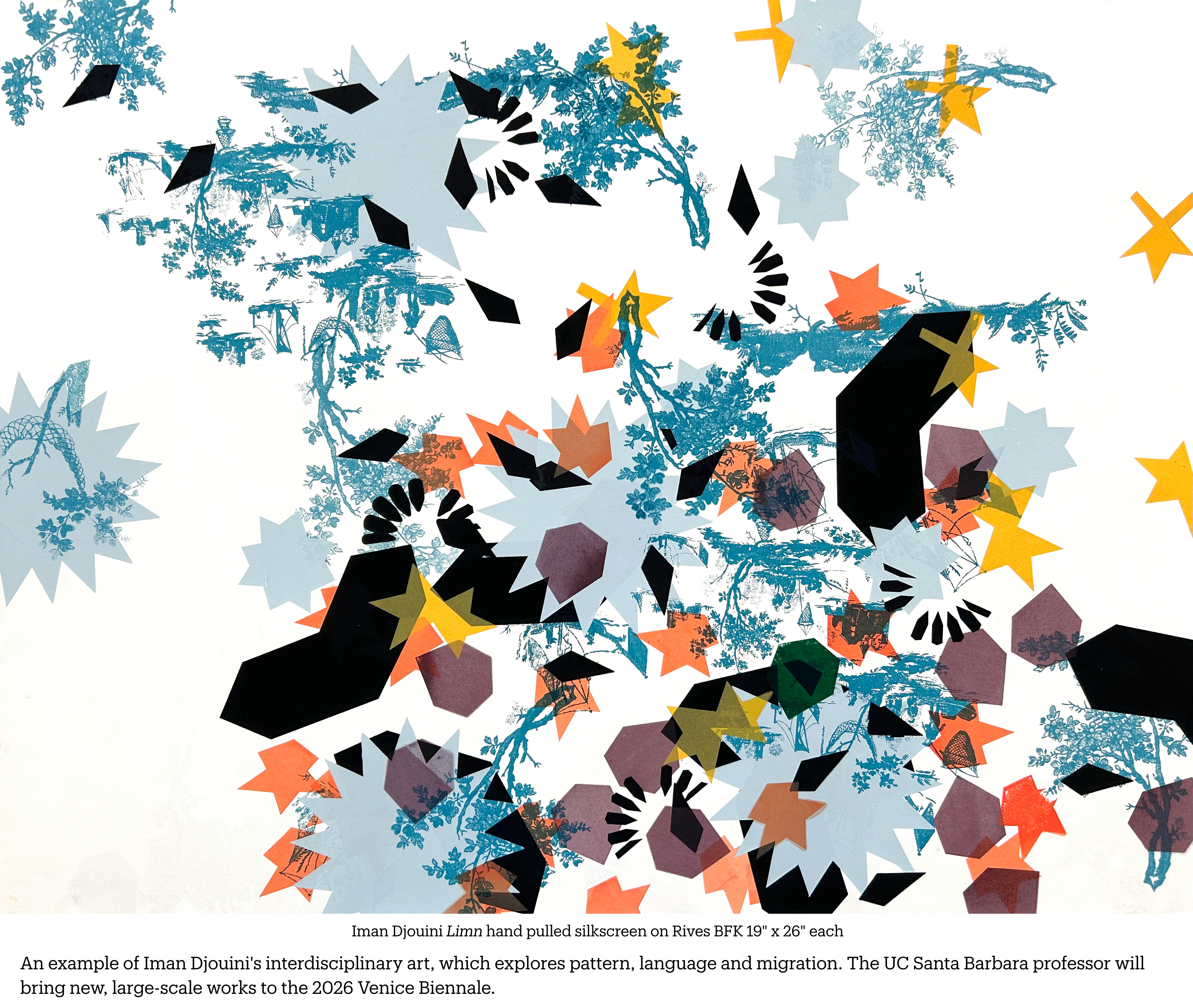 An abstract digital collage features a white background with elements resembling blue and green botanical patterns. Iman Djouini Limn hand pulled silkscreen on Rives BFK 19" x 26" each. An example of Iman Djouini's interdisciplinary art, which explores pattern, language and migration. An example of Iman Djouini's interdisciplinary art, which explores pattern, language and migration. The UC Santa Barbara professor will bring new, large-scale works to the 2026 Venice Biennale.