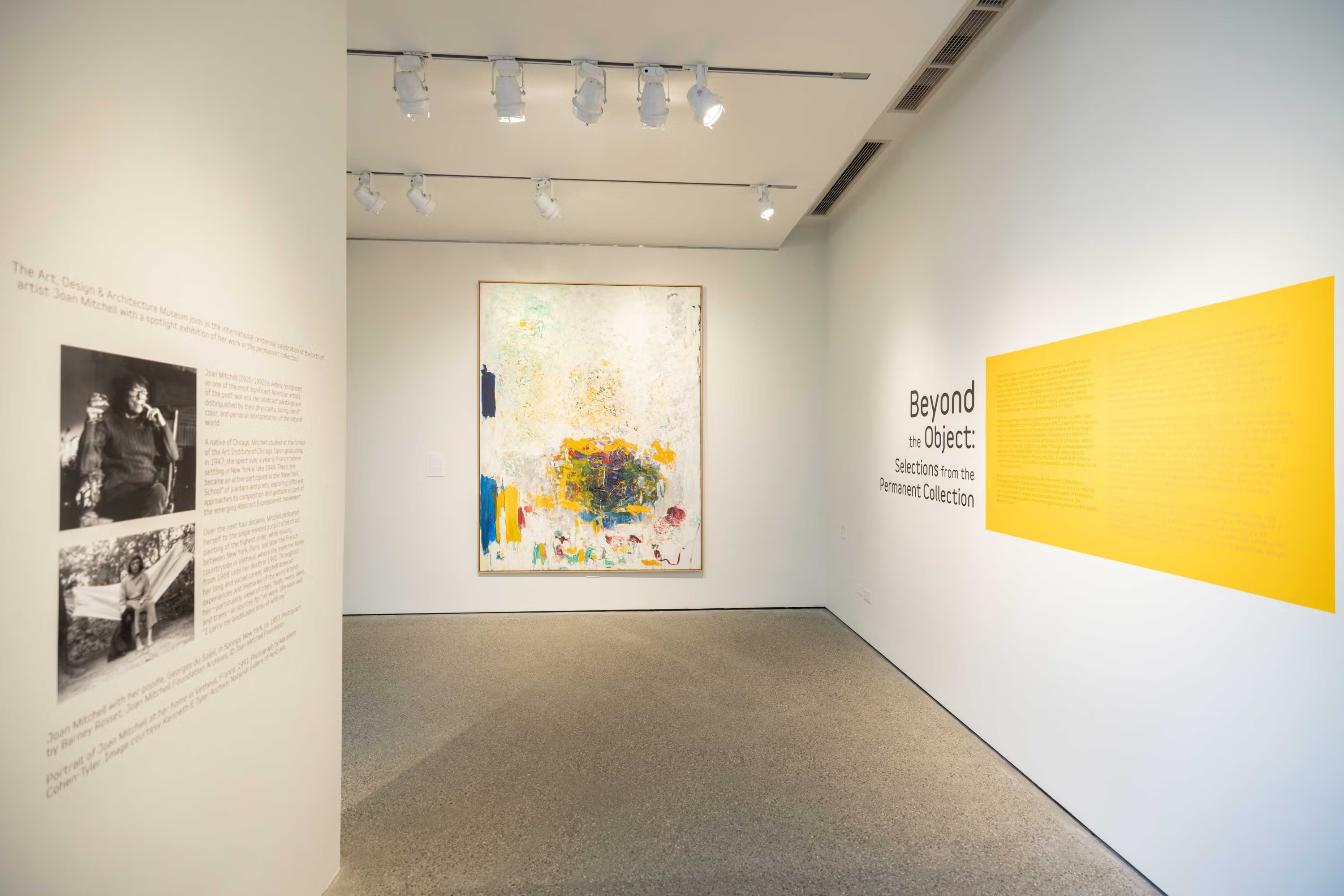 Installation view of the "Joan Mitchell 100" exhibition at UCSB's Art, Design & Architecture Museum, featuring a large abstract painting on a white wall.