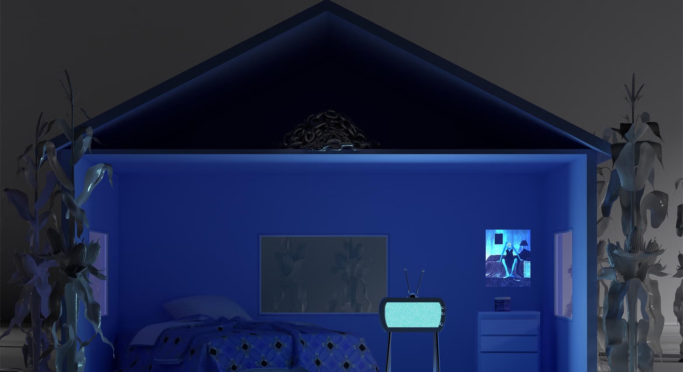 A theatrical set of a bedroom bathed entirely in blue light, featuring a bed and retro TV, flanked on the outside by pale, ghostly cornstalks.