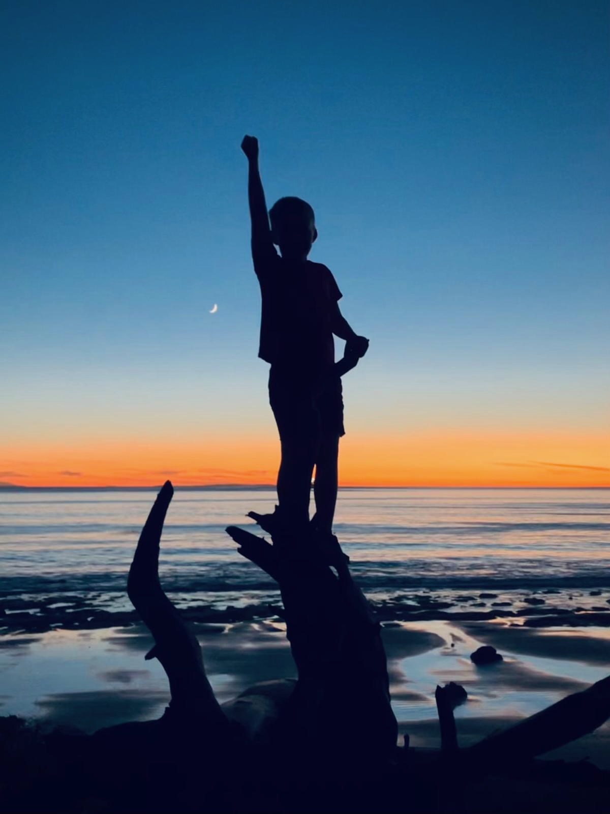 Silhouette of a young boy standing on beach driftwood at sunset, with one arm raised in the air.