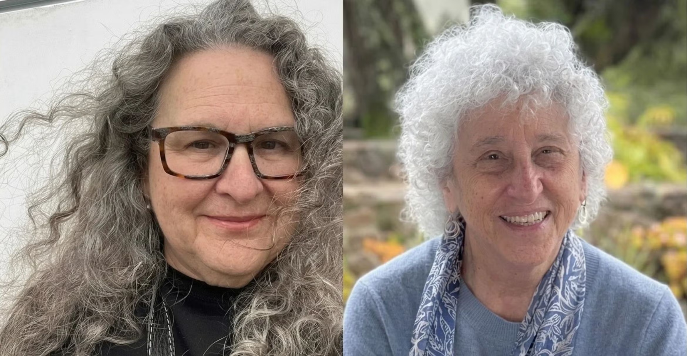 Side-by-side portraits of Evan Kleiman, left, wearing glasses, and Marion Nestle, right, wearing a patterned scarf.