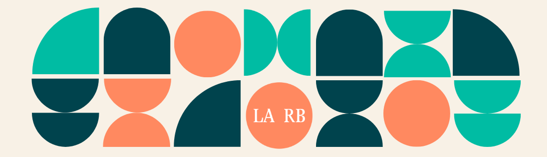 Decorative header banner featuring the LARB logo surrounded by abstract geometric shapes in teal, coral, and dark green.