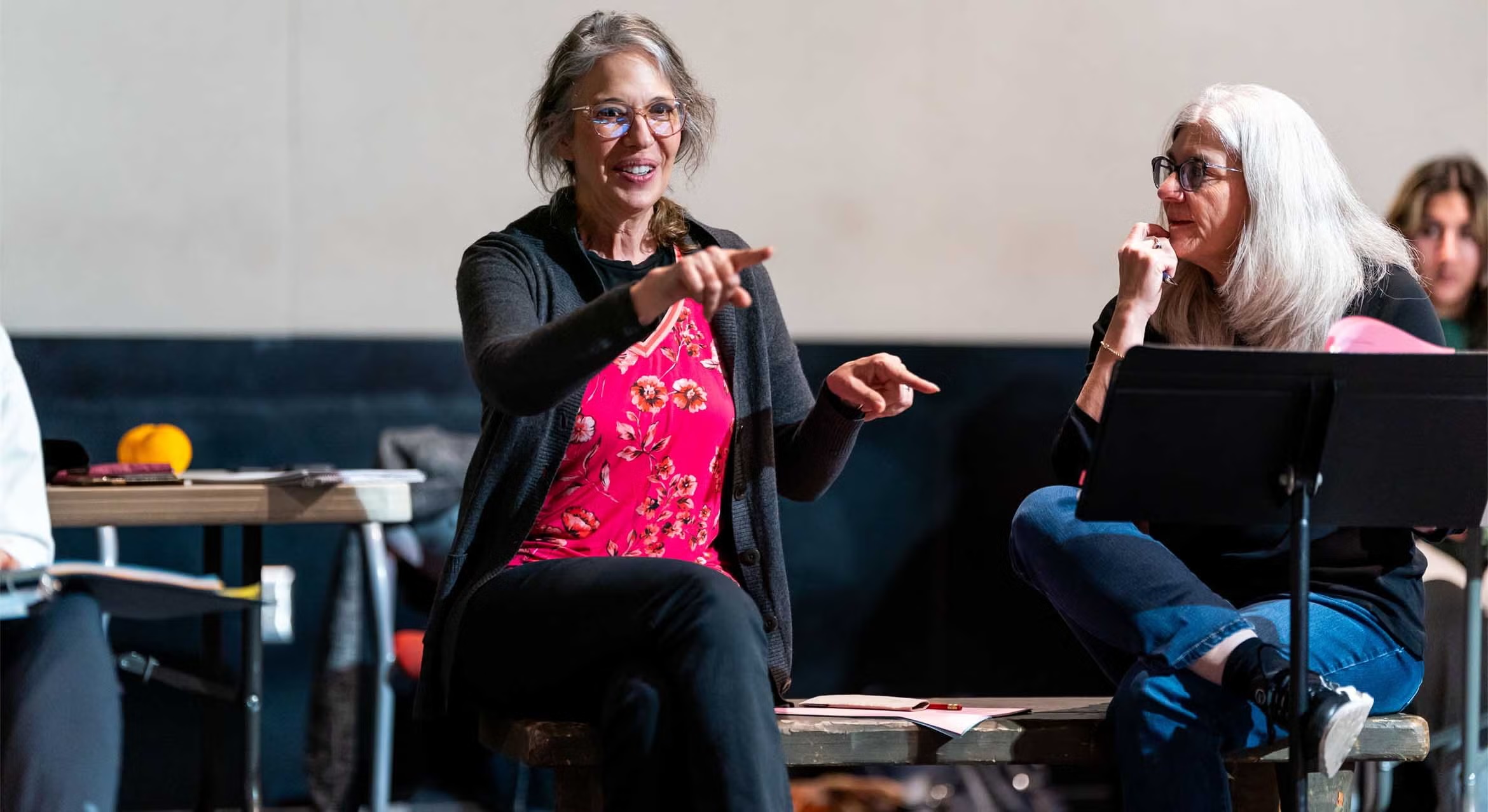 Two women in a workshop setting. A seated woman with gray hair smiles and points animatedly, while a woman with white hair listens intently.